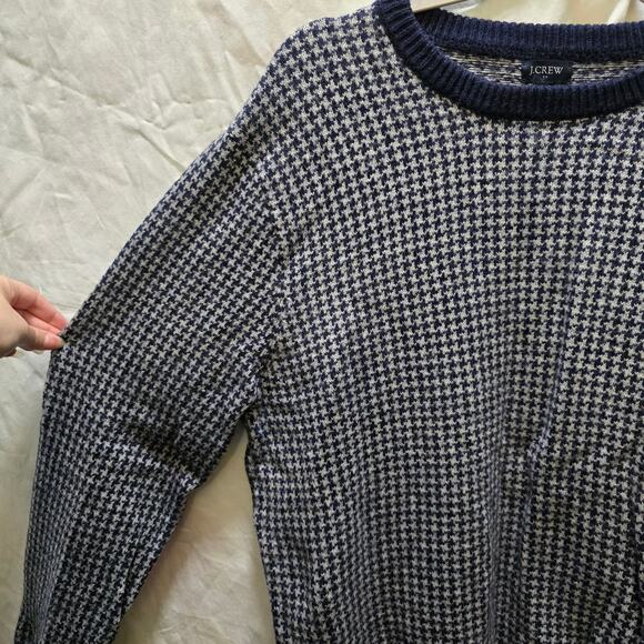J Crew blue gray houndstooth lambs wool blend knit crewneck sweater mens large - Picture 4 of 10
